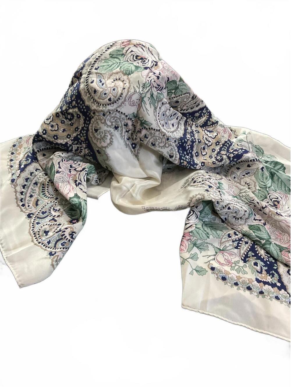 Elegant Vintage Floral Paisley Silk Scarf Navy, Pink, Cream